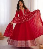 Women's Gorgeous Embroidery Work Vichitra Silk Fabric Flared Anarkali and Dupatta Set