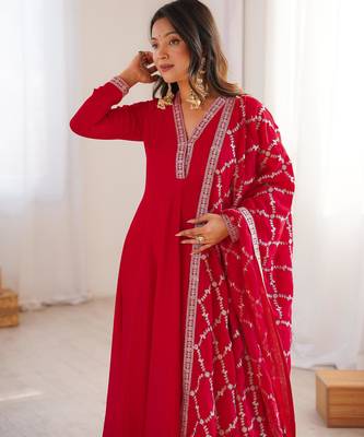Women's Gorgeous Embroidery Work Vichitra Silk Fabric Flared Anarkali and Dupatta Set 2