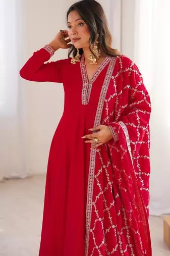 Women's Gorgeous Embroidery Work Vichitra Silk Fabric Flared Anarkali and Dupatta Set