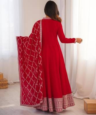 Women's Gorgeous Embroidery Work Vichitra Silk Fabric Flared Anarkali and Dupatta Set 3