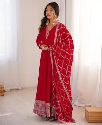 Women's Gorgeous Embroidery Work Vichitra Silk Fabric Flared Anarkali and Dupatta Set 4