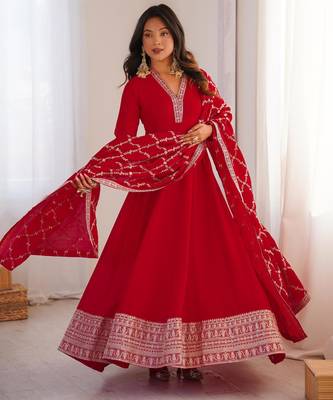 Women's Gorgeous Embroidery Work Vichitra Silk Fabric Flared Anarkali and Dupatta Set 5