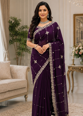 Purple Color Embroidery And Sequence Work Beautiful Border Work Silk Blend Saree