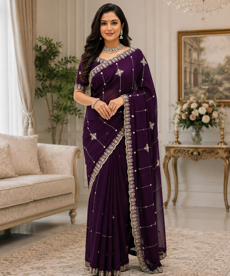 Purple Color Embroidery And Sequence Work Beautiful Border Work Silk Blend Saree