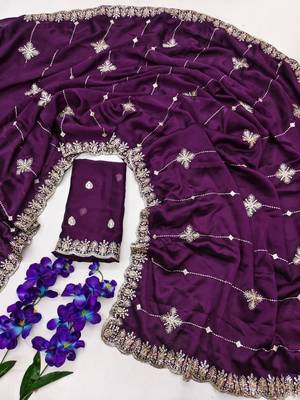 Purple Color Embroidery And Sequence Work Beautiful Border Work Silk Blend Saree 3
