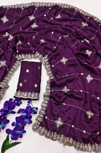 Purple Color Embroidery And Sequence Work Beautiful Border Work Silk Blend Saree
