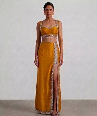 Mustard yellow embroidered dupion silk co ord set 1