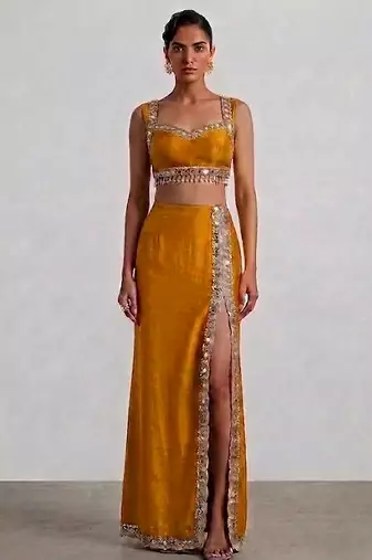 Mustard yellow embroidered dupion silk co ord set