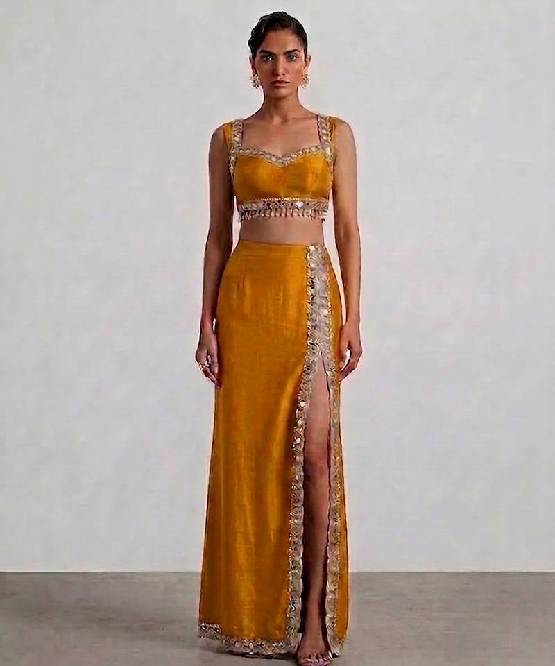 Mustard yellow embroidered dupion silk co ord set