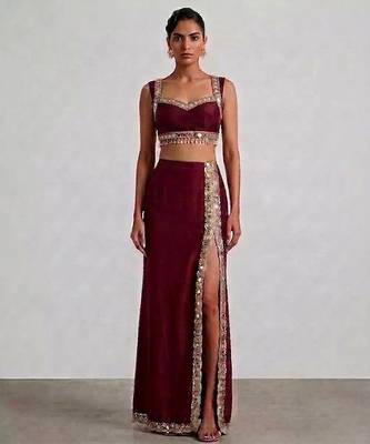 Burgundy embroidered dupion silk co ord set 1