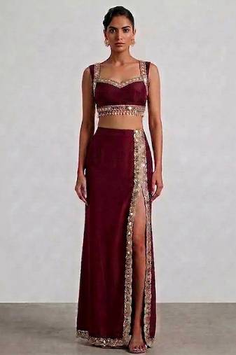 Burgundy embroidered dupion silk co ord set