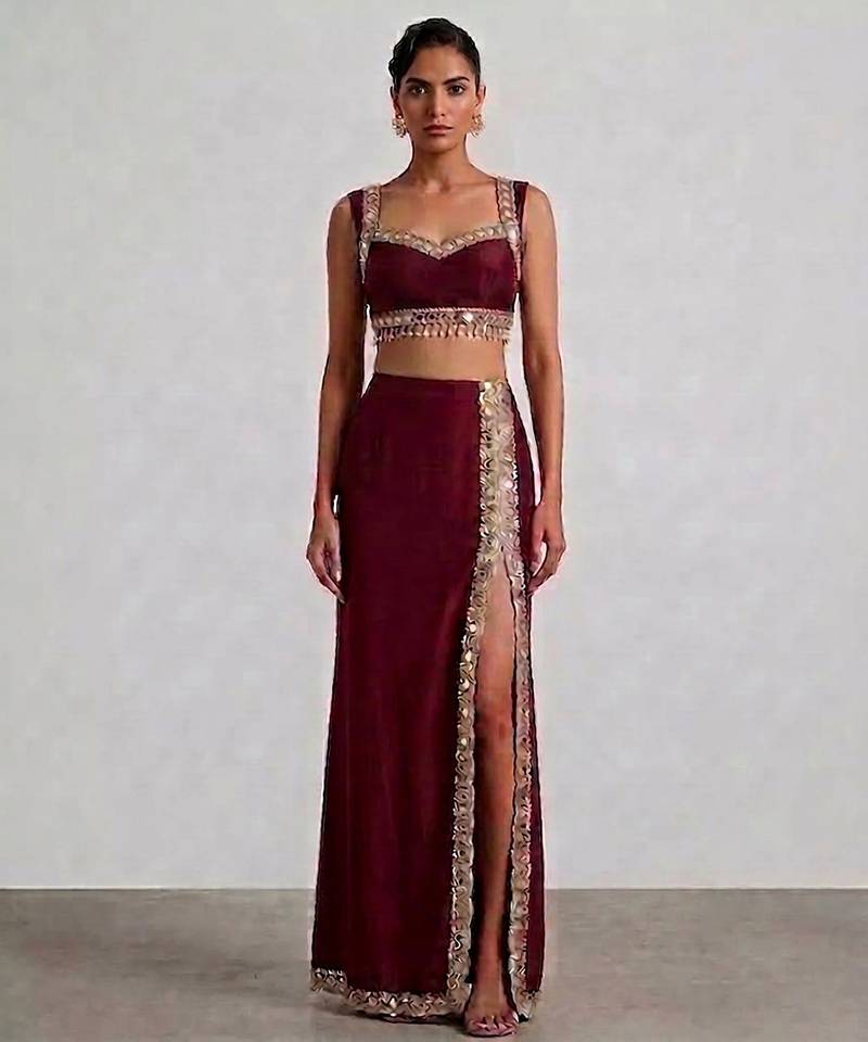 Burgundy embroidered dupion silk co ord set