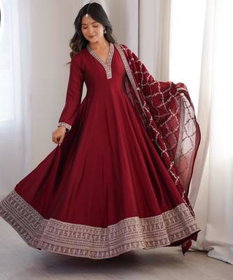 Women's Gorgeous Embroidery Work Vichitra Silk Fabric Flared Anarkali and Dupatta Set 1