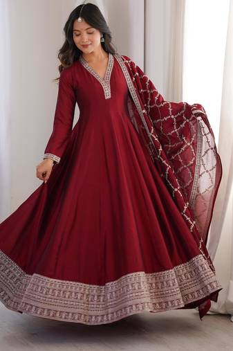 Women's Gorgeous Embroidery Work Vichitra Silk Fabric Flared Anarkali and Dupatta Set