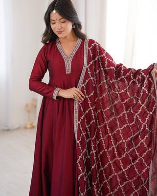 Women's Gorgeous Embroidery Work Vichitra Silk Fabric Flared Anarkali and Dupatta Set 2
