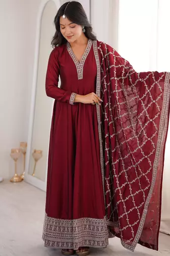 Women's Gorgeous Embroidery Work Vichitra Silk Fabric Flared Anarkali and Dupatta Set