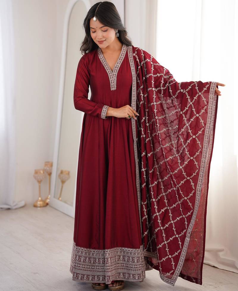 Women's Gorgeous Embroidery Work Vichitra Silk Fabric Flared Anarkali and Dupatta Set