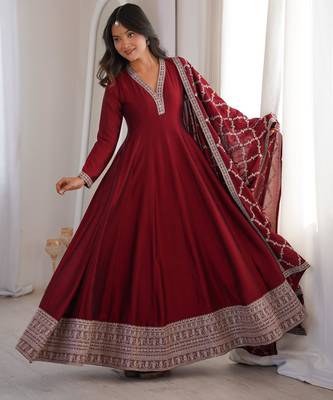 Women's Gorgeous Embroidery Work Vichitra Silk Fabric Flared Anarkali and Dupatta Set 5