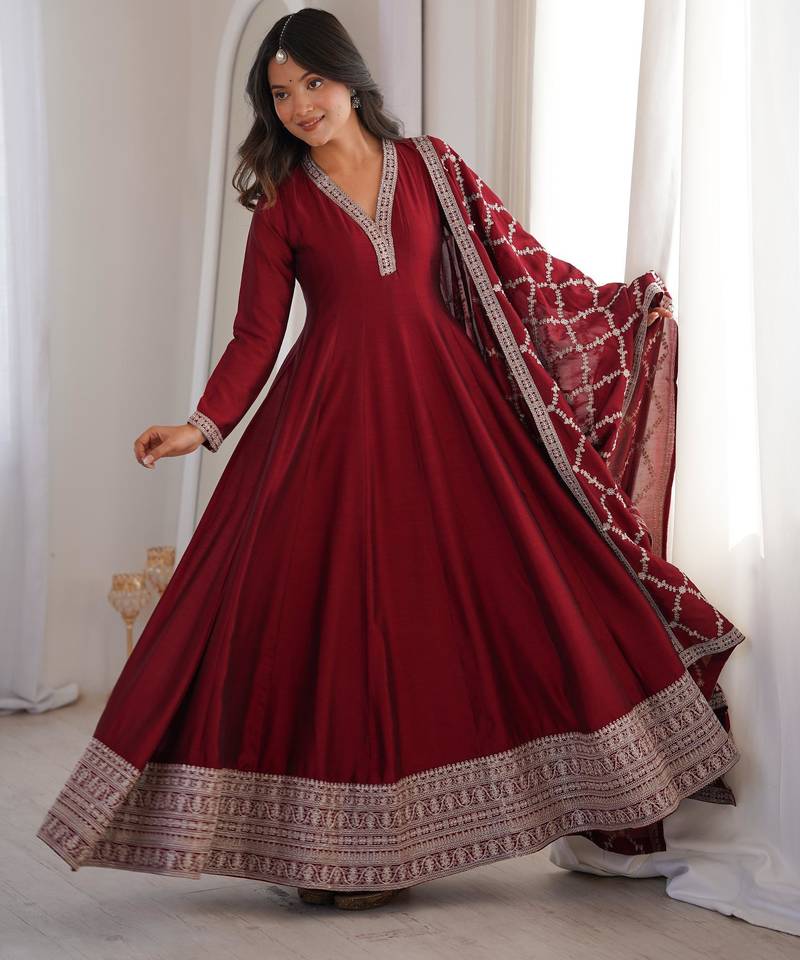 Women's Gorgeous Embroidery Work Vichitra Silk Fabric Flared Anarkali and Dupatta Set