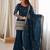 Women's deep teal blue embroidered crunchy silk kurta bell bottom pant set with dupatta