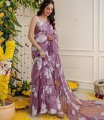 Purple faux georgette digital print 3-layer ruffle lehenga saree set