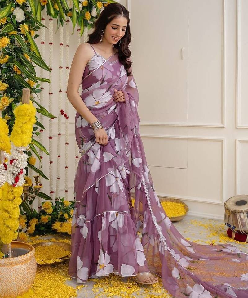 Purple faux georgette digital print 3-layer ruffle lehenga saree set