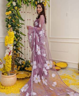 Purple faux georgette digital print 3-layer ruffle lehenga saree set 2