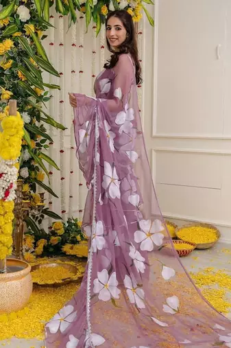 Purple faux georgette digital print 3-layer ruffle lehenga saree set