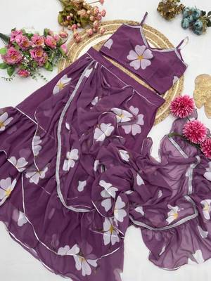 Purple faux georgette digital print 3-layer ruffle lehenga saree set 4