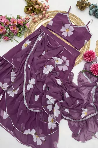 Purple faux georgette digital print 3-layer ruffle lehenga saree set