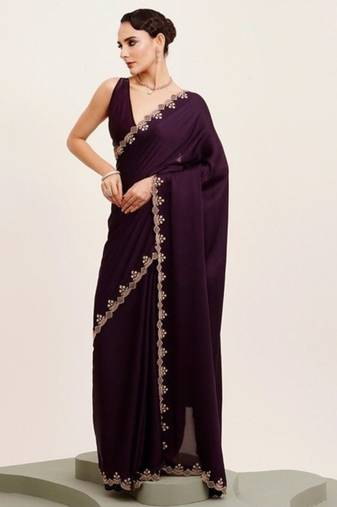 Wine georgette saree with hand work & zarkan diamond blouse