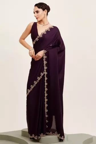 Wine georgette saree with hand work & zarkan diamond blouse