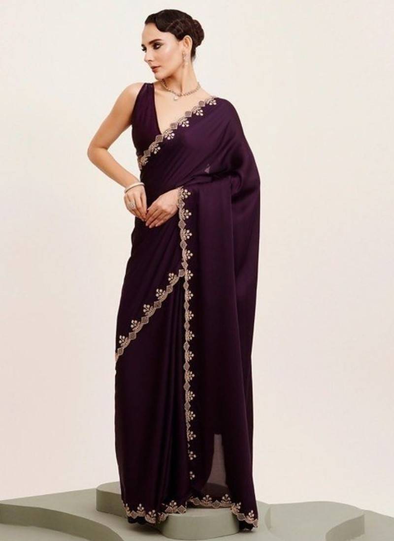 Wine georgette saree with hand work & zarkan diamond blouse