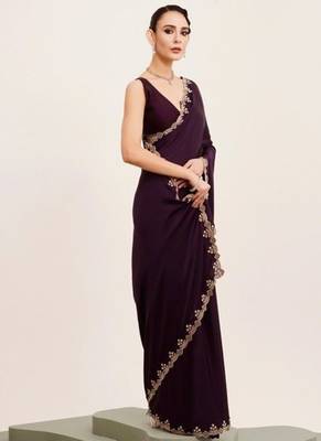 Wine georgette saree with hand work & zarkan diamond blouse 2