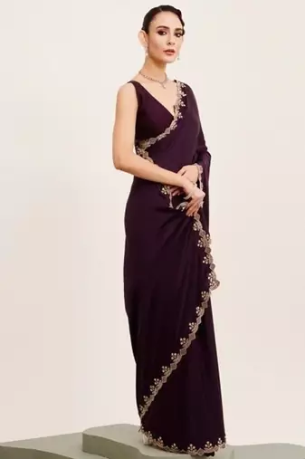 Wine georgette saree with hand work & zarkan diamond blouse