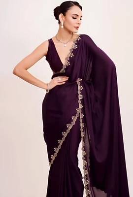 Wine georgette saree with hand work & zarkan diamond blouse 3