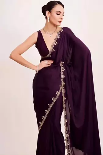 Wine georgette saree with hand work & zarkan diamond blouse
