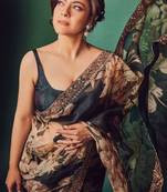 Green georgette digital print saree with embroidery cording & sequins lace