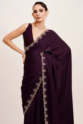 Wine georgette saree with hand work & zarkan diamond blouse 4