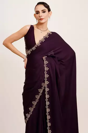 Wine georgette saree with hand work & zarkan diamond blouse