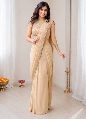 Peach star georgette lehenga saree with attached pallu & sequins blouse 1