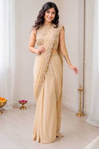 Peach star georgette lehenga saree with attached pallu & sequins blouse