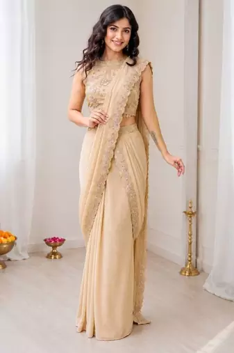 Peach star georgette lehenga saree with attached pallu & sequins blouse