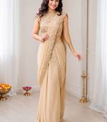 Peach star georgette lehenga saree with attached pallu & sequins blouse