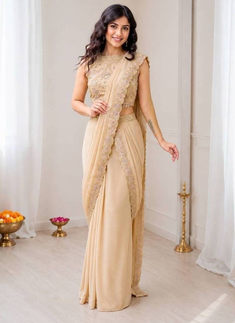Peach star georgette lehenga saree with attached pallu & sequins blouse