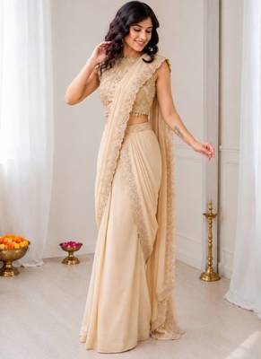 Peach star georgette lehenga saree with attached pallu & sequins blouse 2