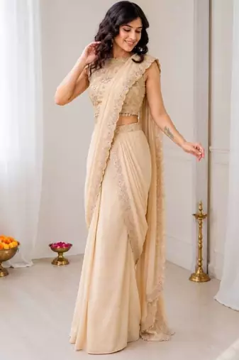 Peach star georgette lehenga saree with attached pallu & sequins blouse