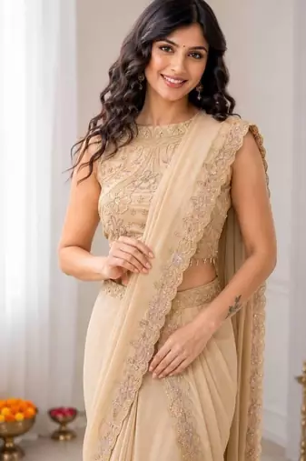 Peach star georgette lehenga saree with attached pallu & sequins blouse