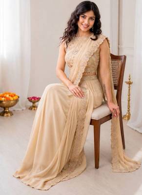 Peach star georgette lehenga saree with attached pallu & sequins blouse 4