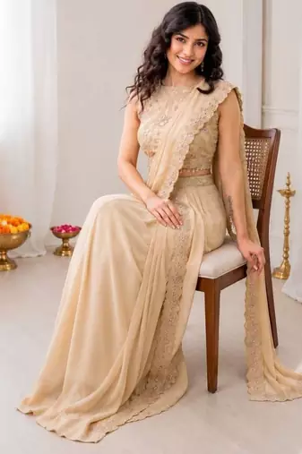 Peach star georgette lehenga saree with attached pallu & sequins blouse